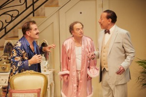 (L-R) Michael Matus (Georges), Paul Hunter (Albin) and Peter Straker (Tabaro) in La Cage aux Folles [The Play] at Park Theatre. Photo by Mark Douet